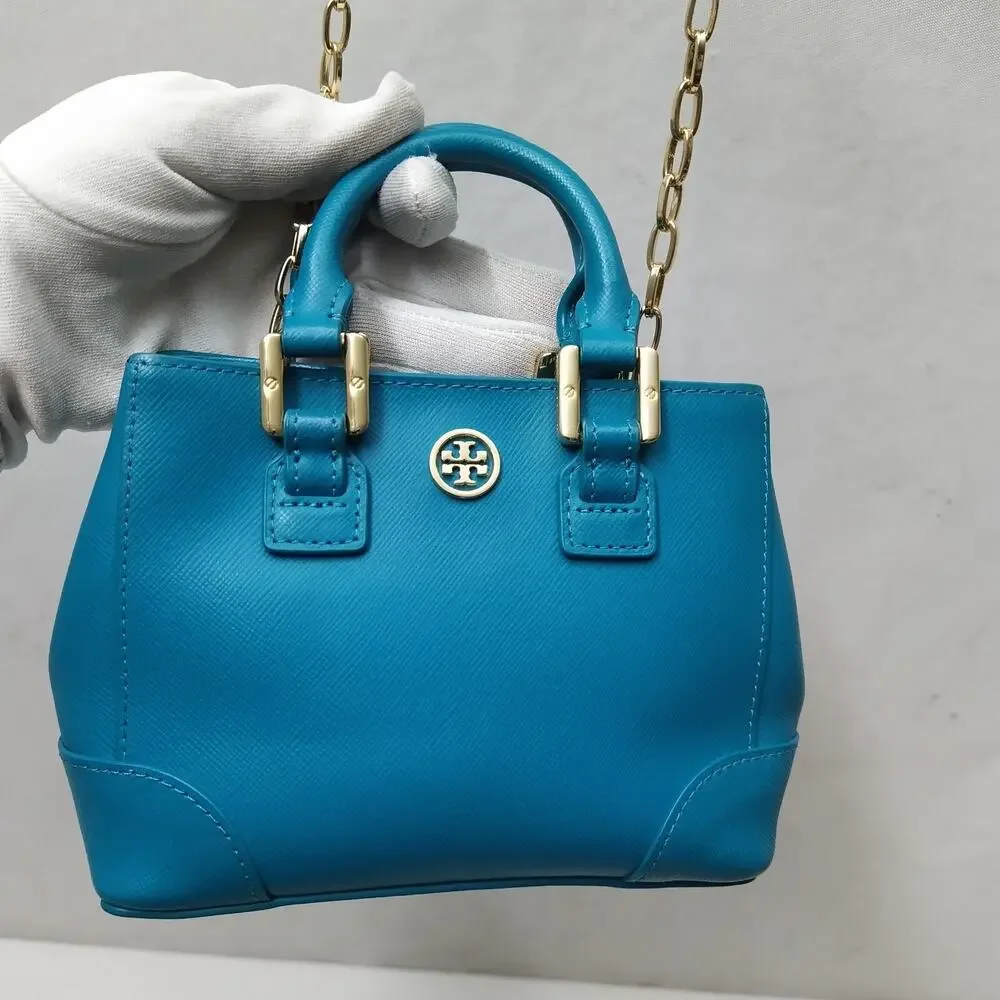 Tory Burch Robinson Blue Leather Doubled Handles Mini Tote Crossbody Bag